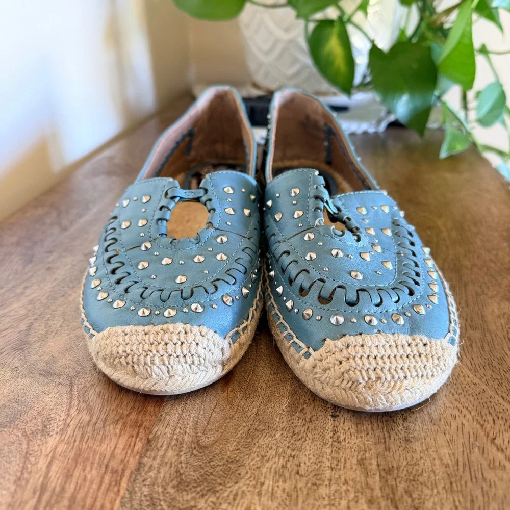 Sam Edelman Liam Espadrille Flats Womens 8 Blue Leather Studded Boho Slip On